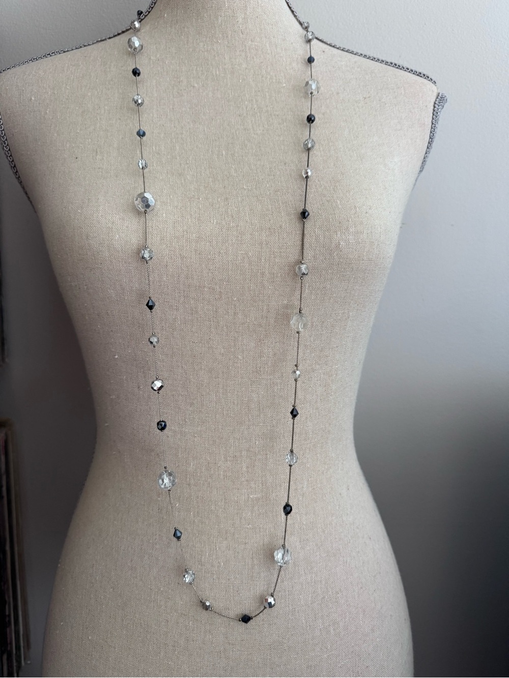 Lia Sophia Long Crystal & Black Beaded Necklace on Silver-Tone Chain!